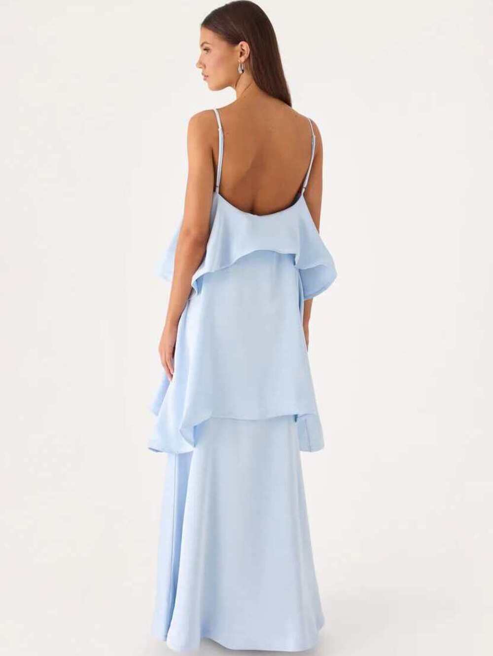 Peppermayo Becka Satin Tiered Maxi Dress Blue Low Back Size 4 NWT - Picture 3 of 7